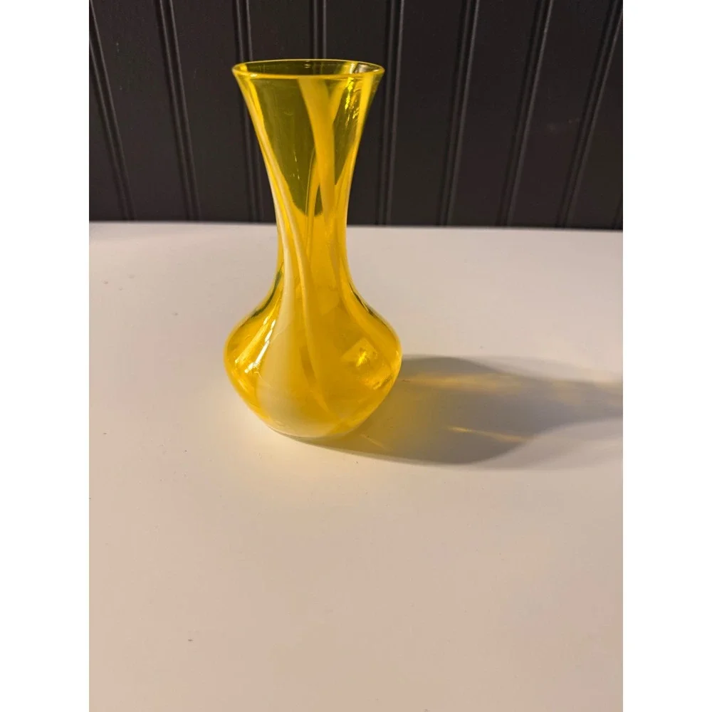 Hand blown yellow and white swirl bud vase